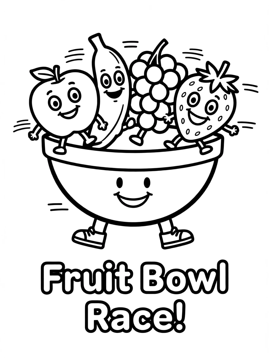 A fruit bowl filled with apples, bananas, grapes, and strawberries, participating in a friendly race