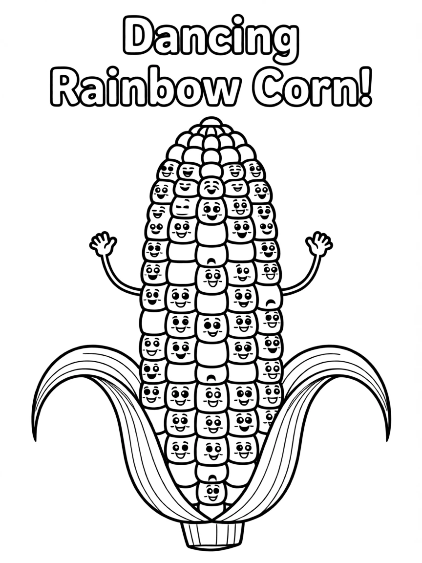 A corn cob with animated kernels dancing around it, stacked in a colorful rainbow pattern