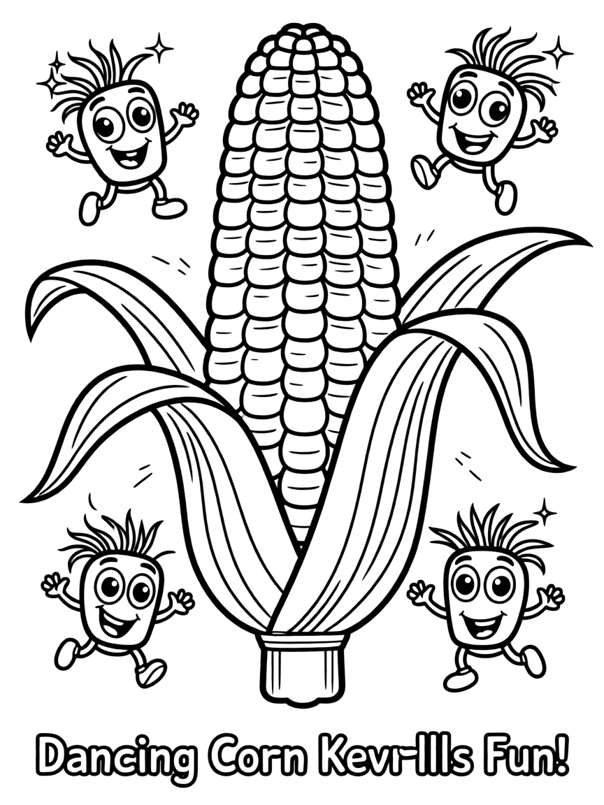 A corn cob with animated kernels dancing around it, with smiling faces and cartoon eyes