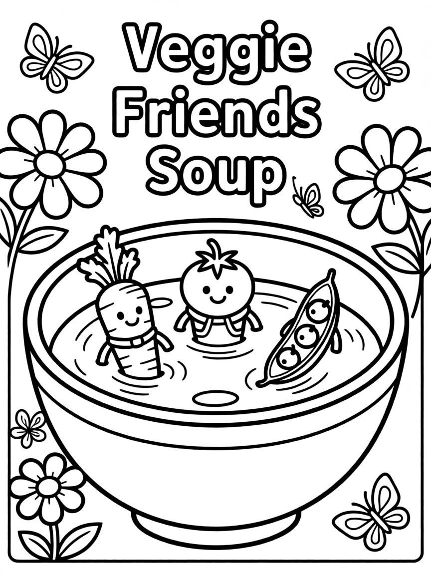 A bowl of soup with vegetable characters floating in it, surrounded by flowers and butterflies