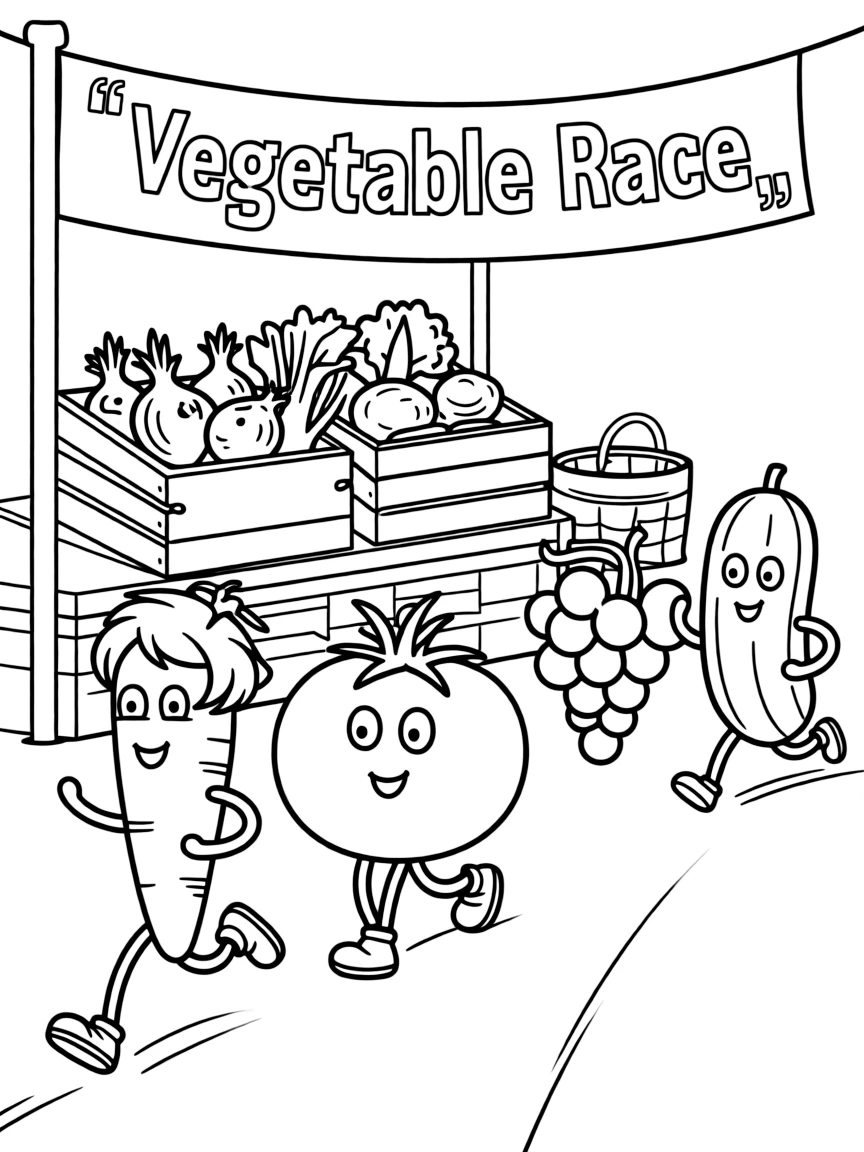 A scene showing vegetables at a farmer’s market stand, participating in a friendly race