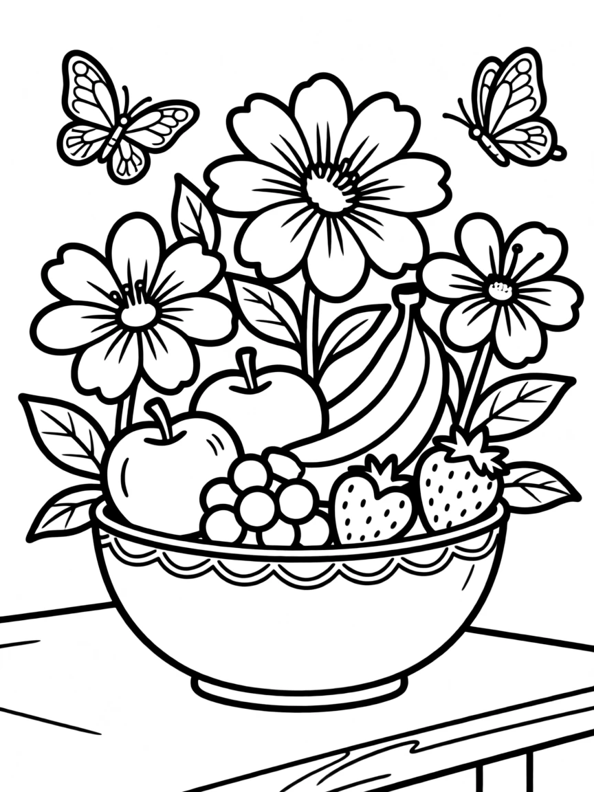 A fruit bowl filled with apples, bananas, grapes, and strawberries, surrounded by flowers and butterflies