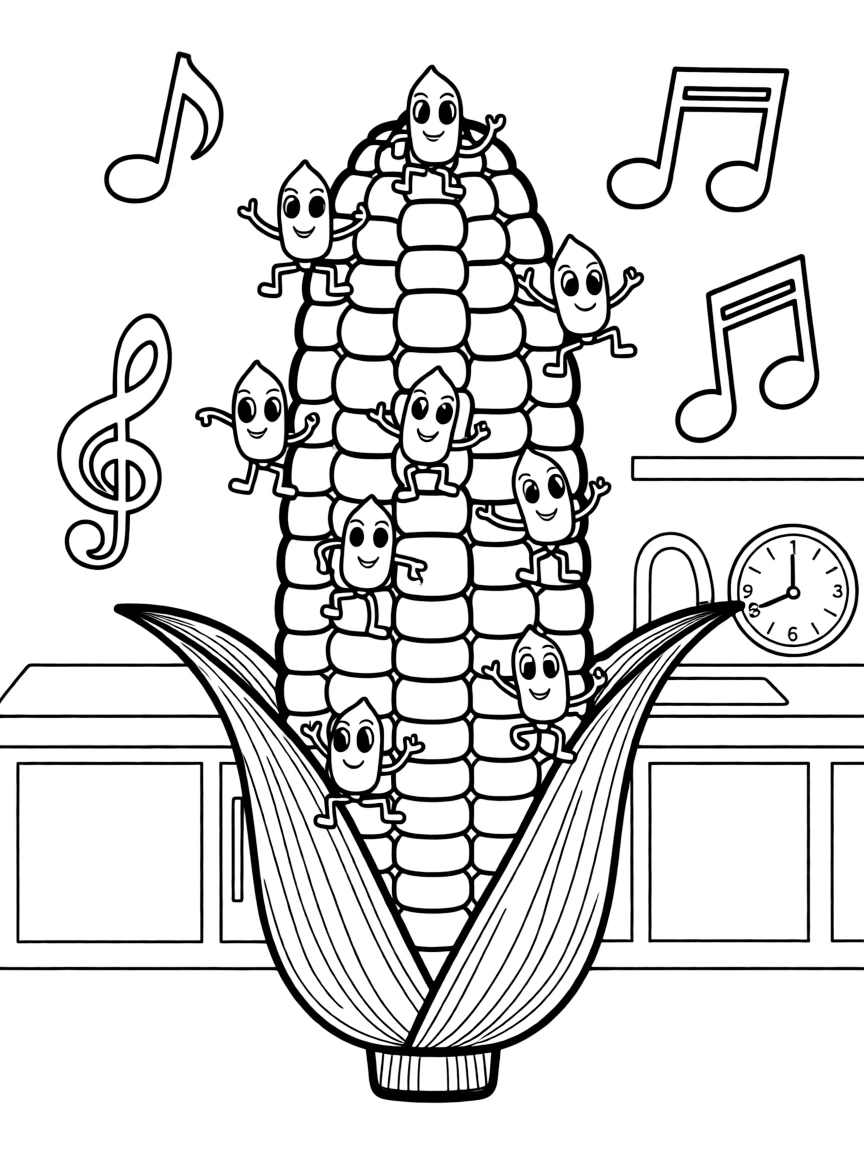 A corn cob with animated kernels dancing around it, dancing in a kitchen with music notes around