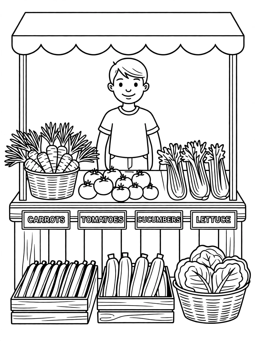 A scene showing vegetables at a farmer’s market stand, with labels showing their names for learning