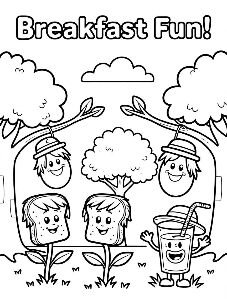 A breakfast scene with eggs, toast, and juice characters, hanging from trees or growing in the ground