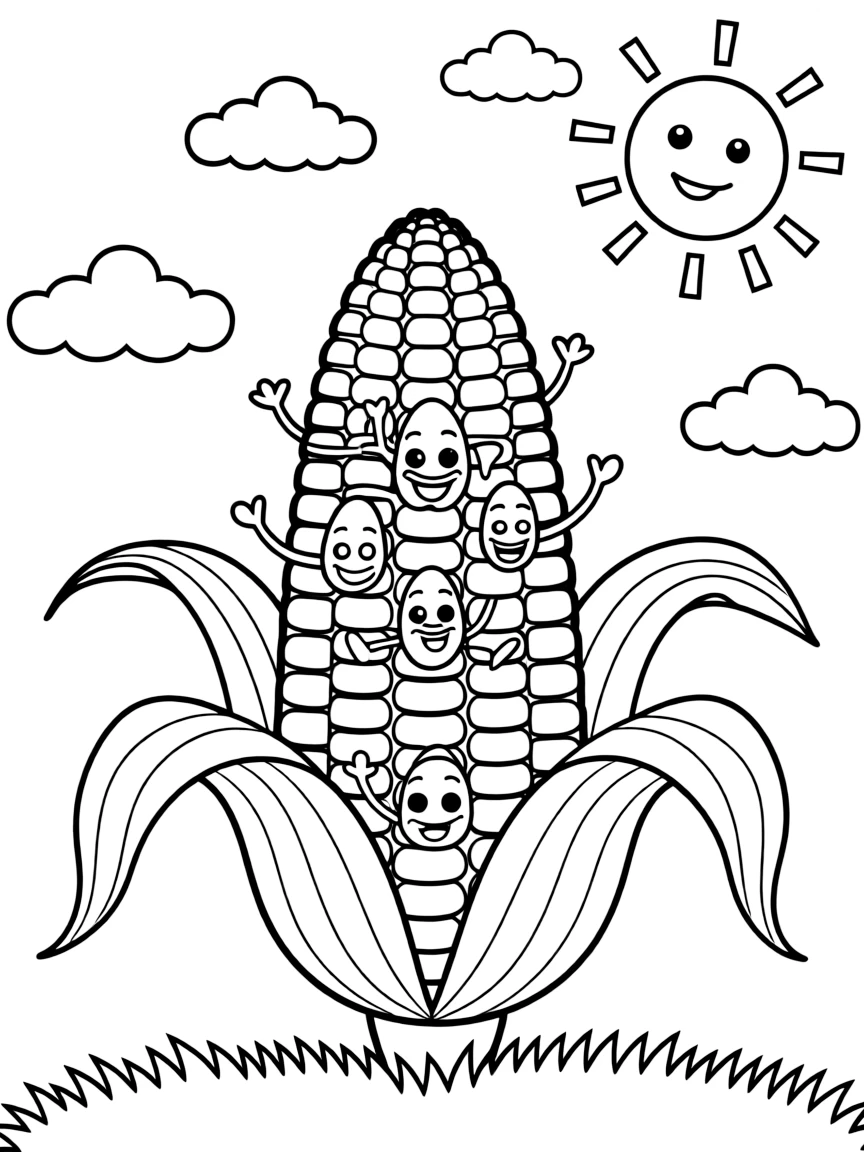 A corn cob with animated kernels dancing around it, with a background of clouds and sunshine