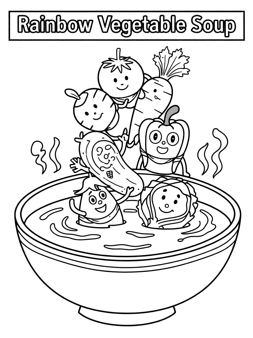 A bowl of soup with vegetable characters floating in it, stacked in a colorful rainbow pattern