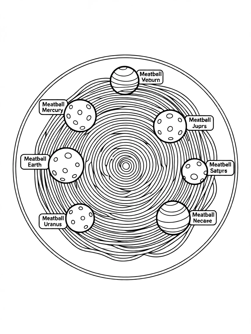 A spaghetti plate with meatballs acting like planets in orbit, with labels showing their names for learning