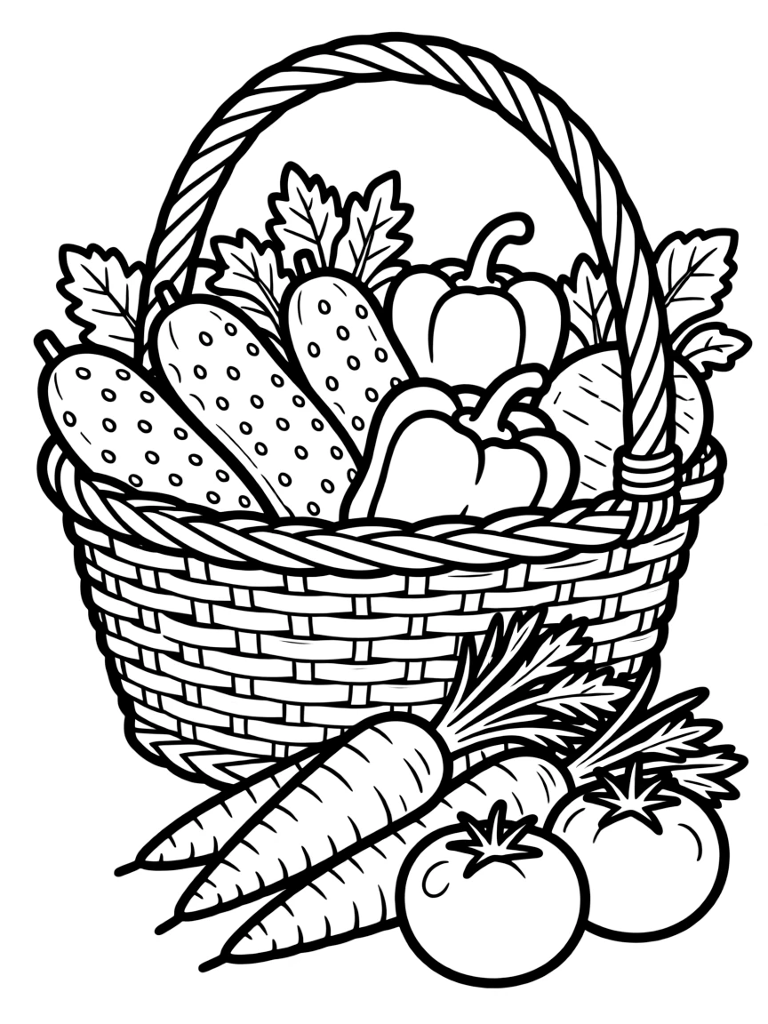 A basket full of fresh vegetables like carrots, tomatoes, cucumbers, and bell peppers, stacked in a colorful rainbow pattern