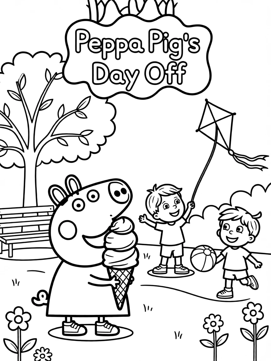 Peppa Pig enjoying a day off, eating ice cream or playing with friends in a park setting.