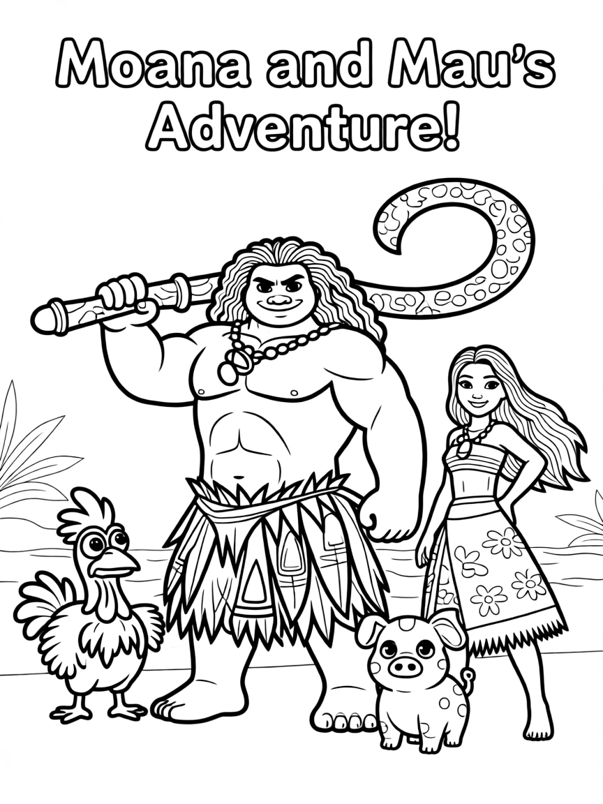 A group coloring page featuring Maui with other characters from the same show or movie.