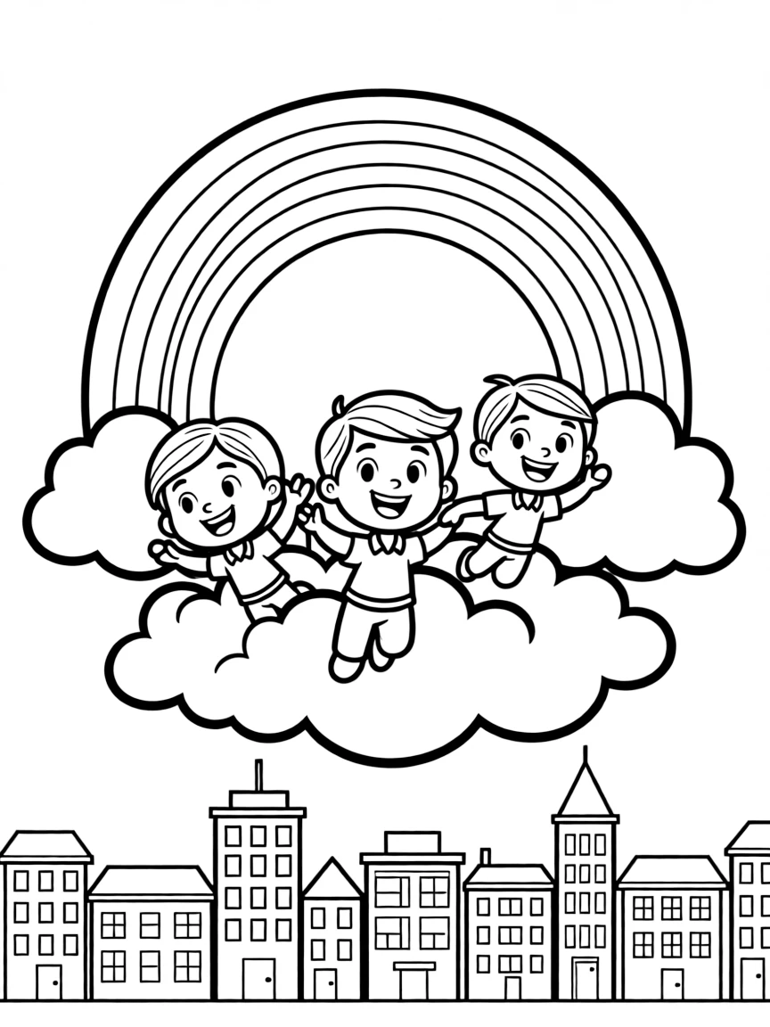 Toy Story flying through the clouds with a rainbow behind and city skyline below.
