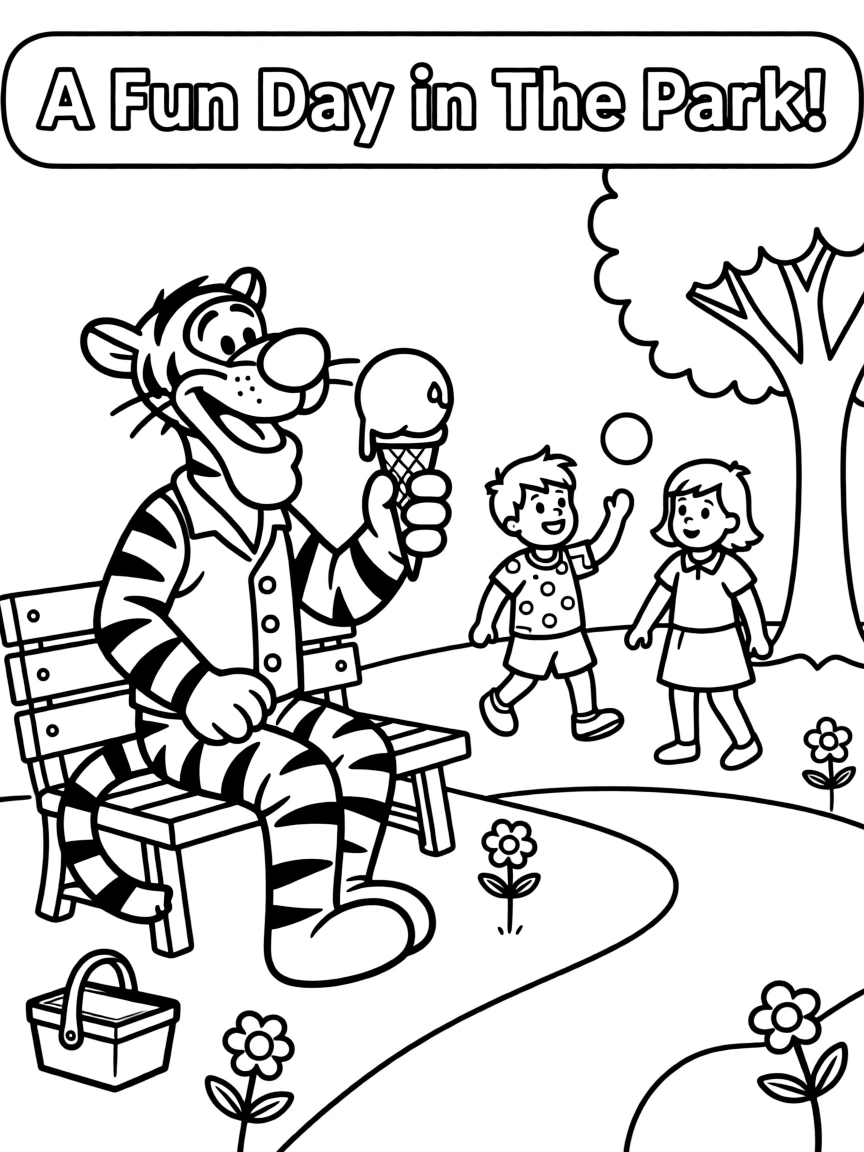 Tigger enjoying a day off, eating ice cream or playing with friends in a park setting.
