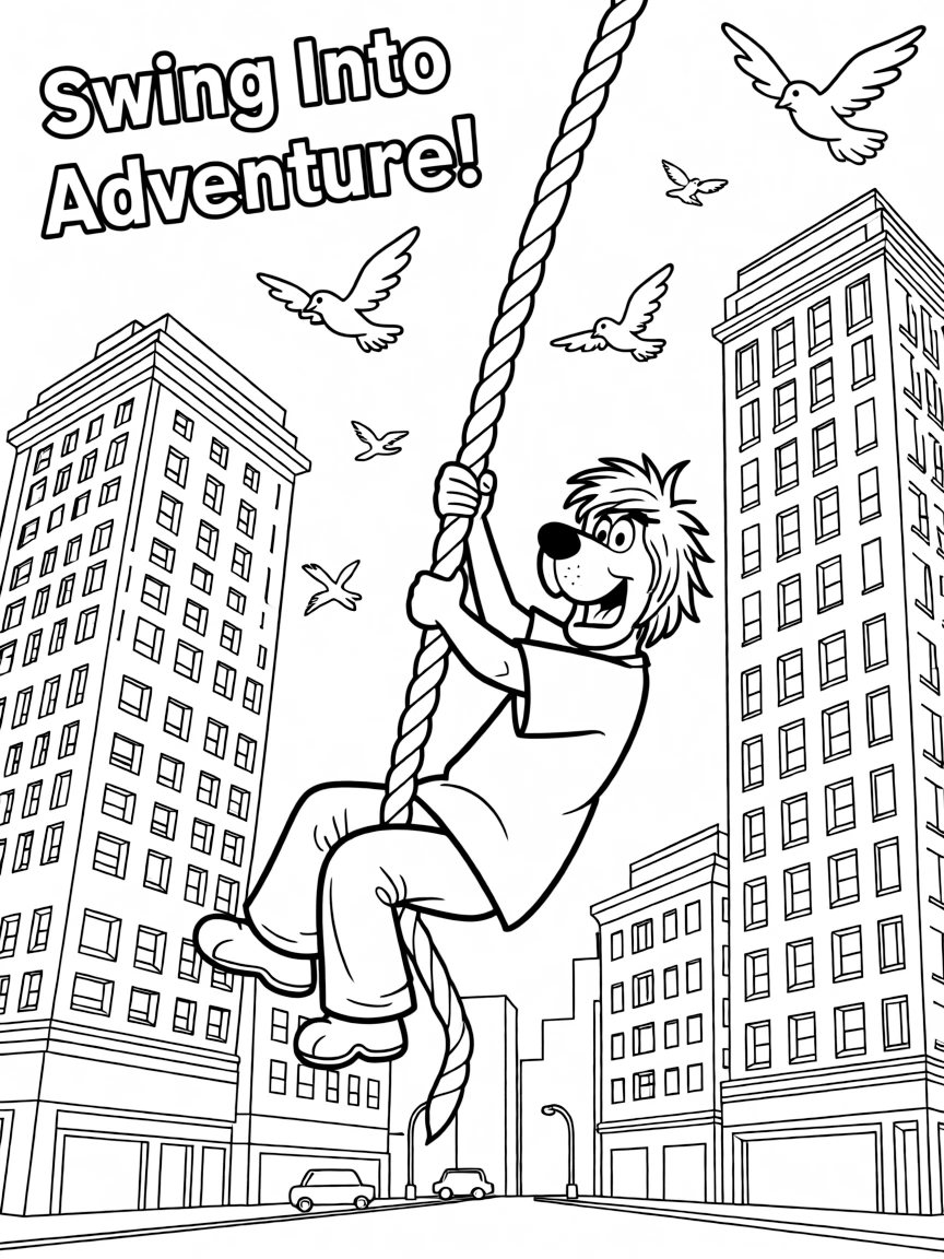 A fun and detailed coloring page of Shaggy swinging through a city full of tall buildings and birds.