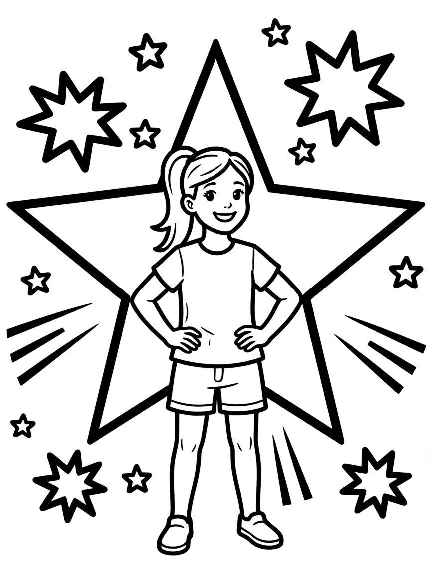 Fiona standing proudly in front of their iconic logo with stars and comic-style effects around.