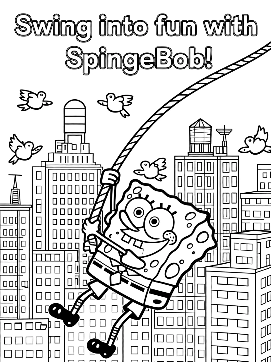 A fun and detailed coloring page of SpongeBob SquarePants swinging through a city full of tall buildings and birds.