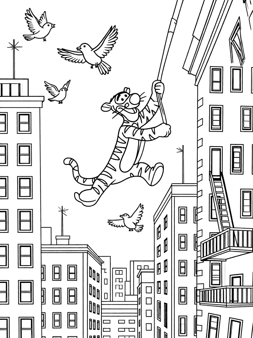 A fun and detailed coloring page of Tigger swinging through a city full of tall buildings and birds.