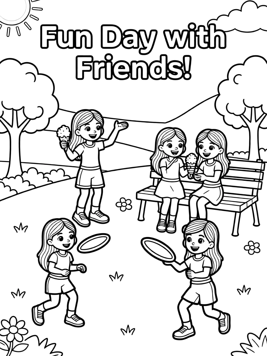 Lego Friends enjoying a day off, eating ice cream or playing with friends in a park setting.