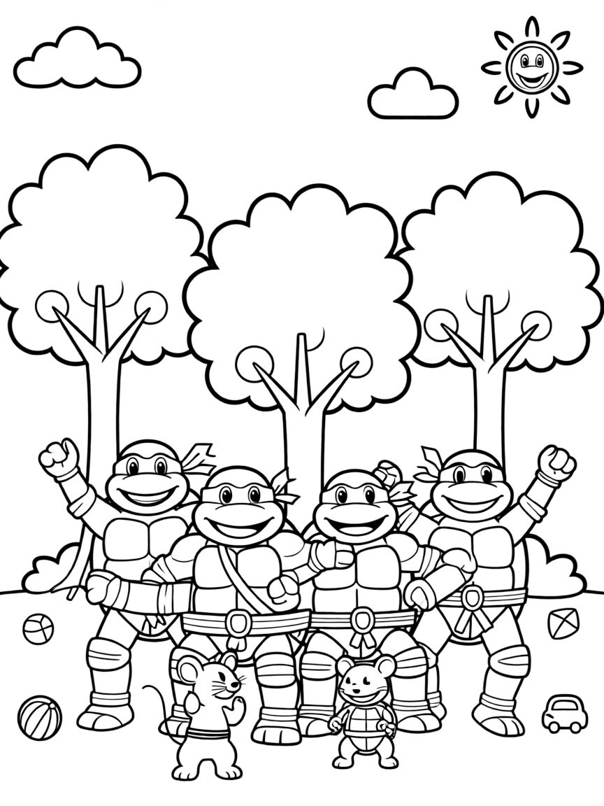 Teenage Mutant Ninja Turtles smiling and posing with their sidekicks, surrounded by trees, toys, or fun backgrounds.