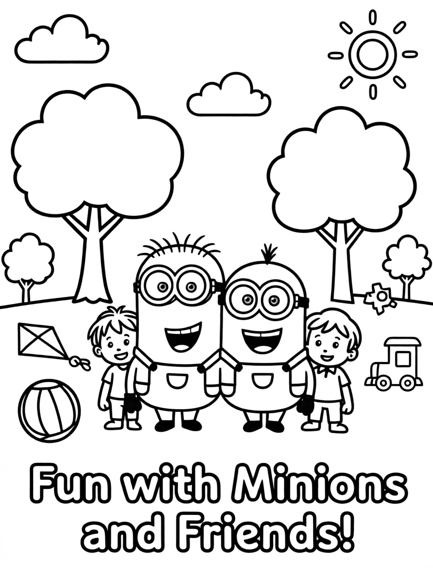 Minions smiling and posing with their sidekicks, surrounded by trees, toys, or fun backgrounds.