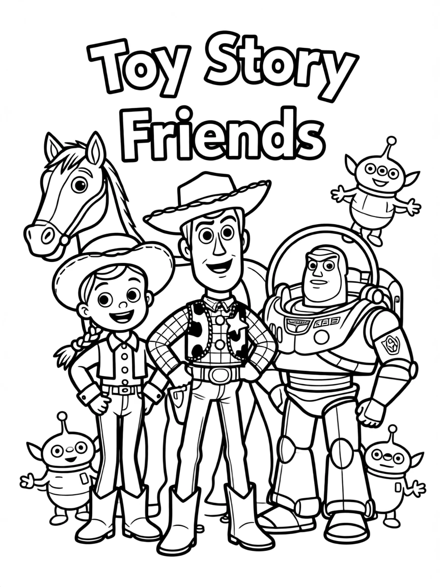 A group coloring page featuring Toy Story with other characters from the same show or movie.
