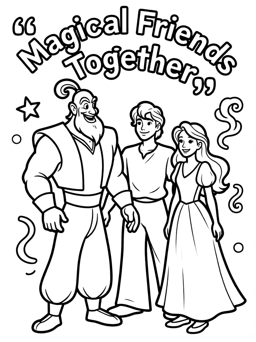 A group coloring page featuring Genie with other characters from the same show or movie.