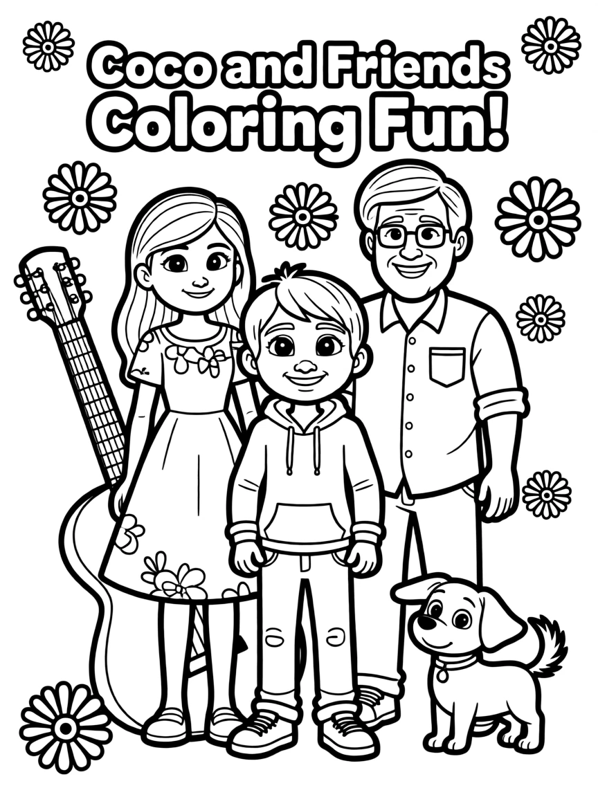 A group coloring page featuring Miguel with other characters from the same show or movie.