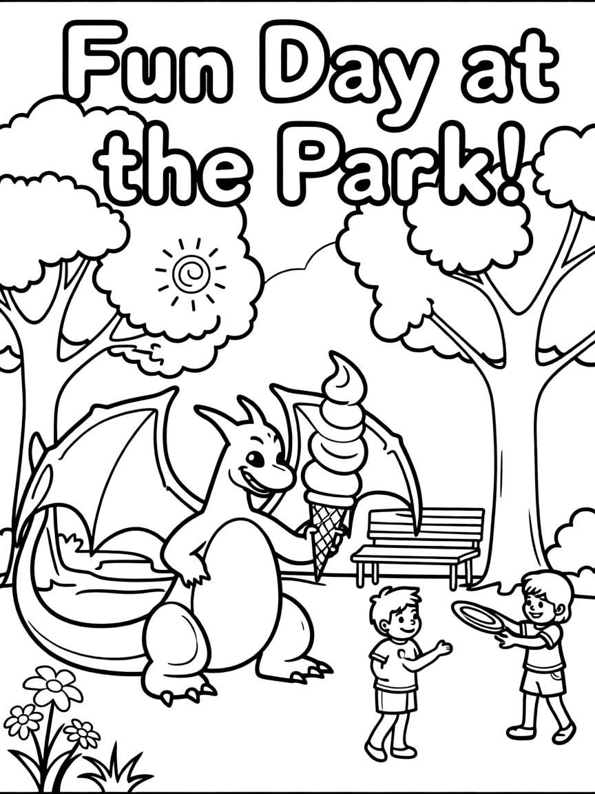 Charizard enjoying a day off, eating ice cream or playing with friends in a park setting.