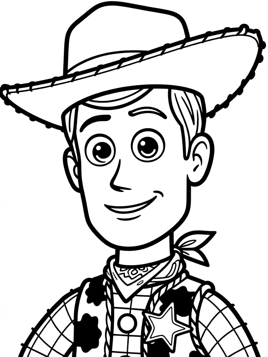 A close-up of Woody's face in bold lines with expressive eyes and detailed costume elements.