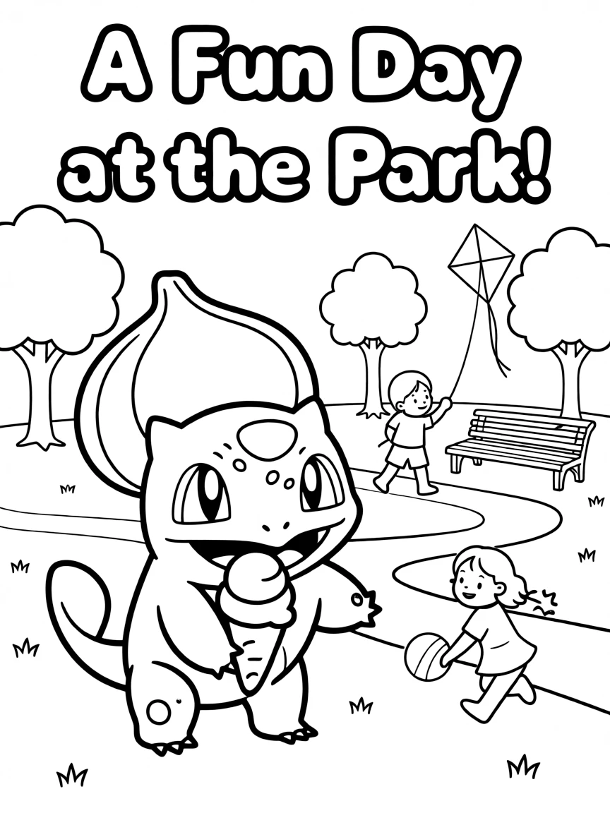 Bulbasaur enjoying a day off, eating ice cream or playing with friends in a park setting.