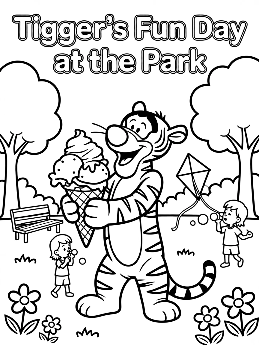 Tigger enjoying a day off, eating ice cream or playing with friends in a park setting.