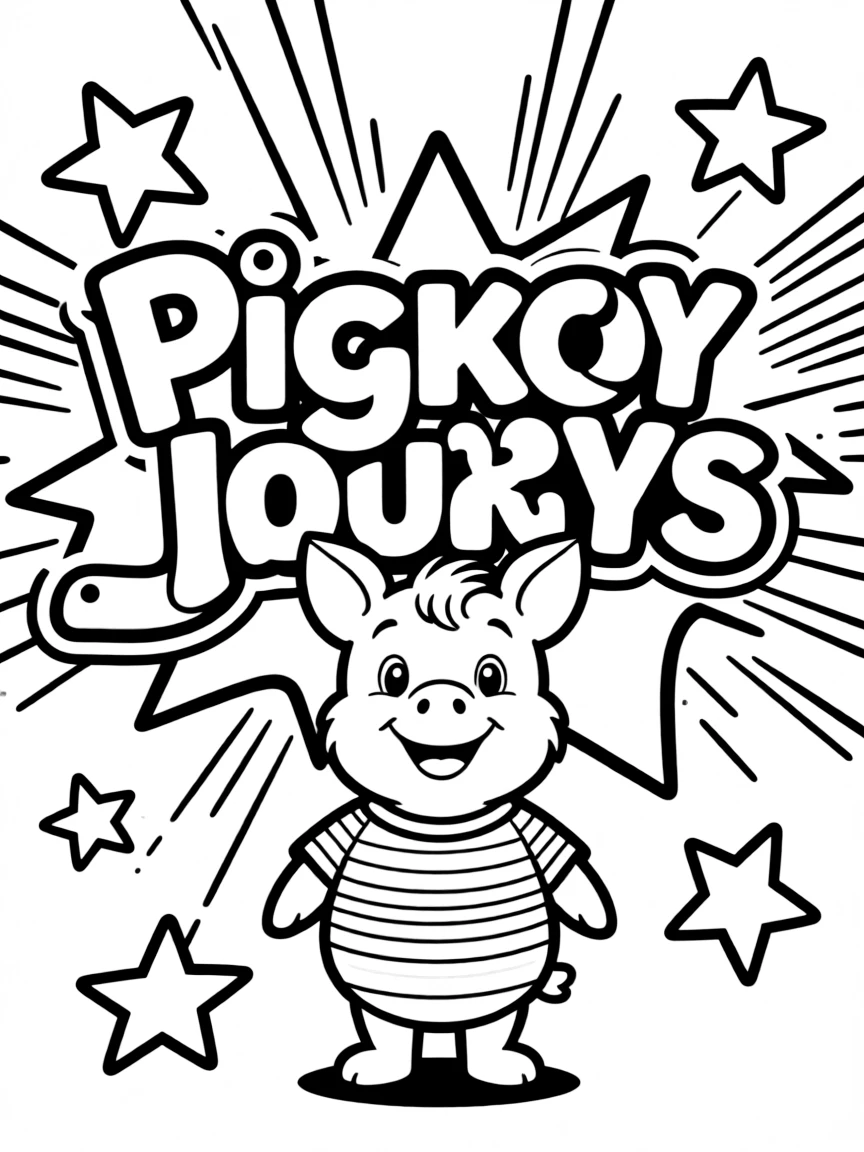 Piglet standing proudly in front of their iconic logo with stars and comic-style effects around.