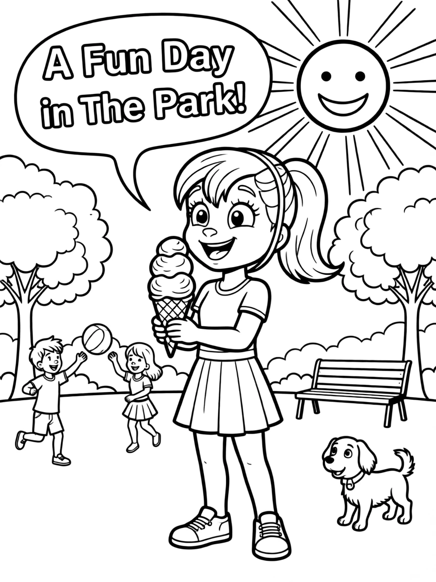 Skye enjoying a day off, eating ice cream or playing with friends in a park setting.