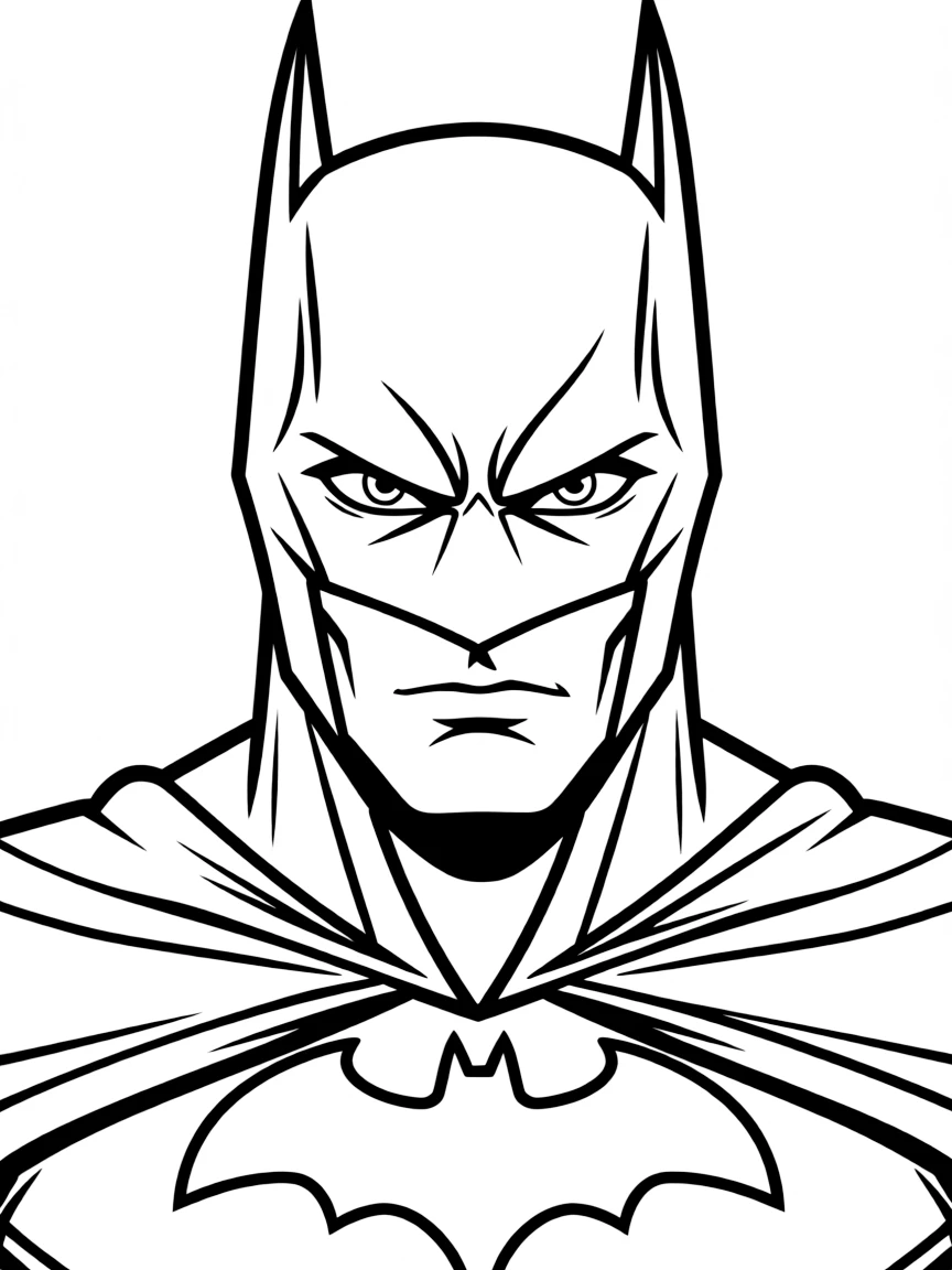A close-up of Batman's face in bold lines with expressive eyes and detailed costume elements.