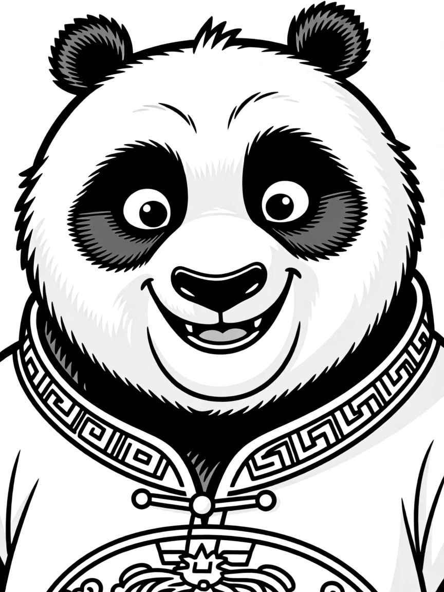A close-up of Po's face in bold lines with expressive eyes and detailed costume elements.