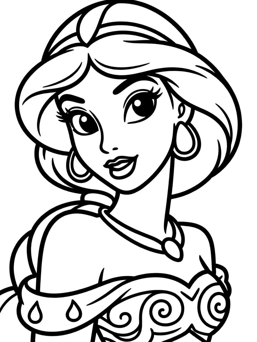 A close-up of Jasmine's face in bold lines with expressive eyes and detailed costume elements.