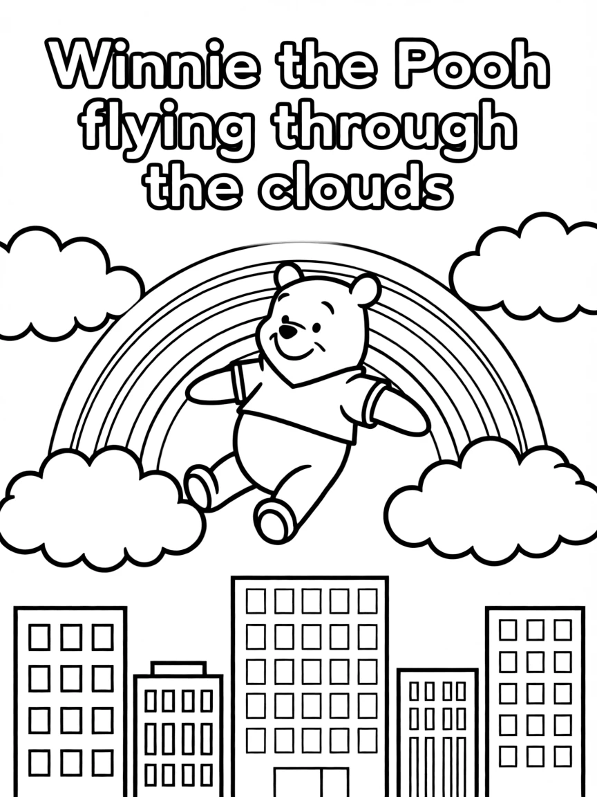 Winnie the Pooh flying through the clouds with a rainbow behind and city skyline below.
