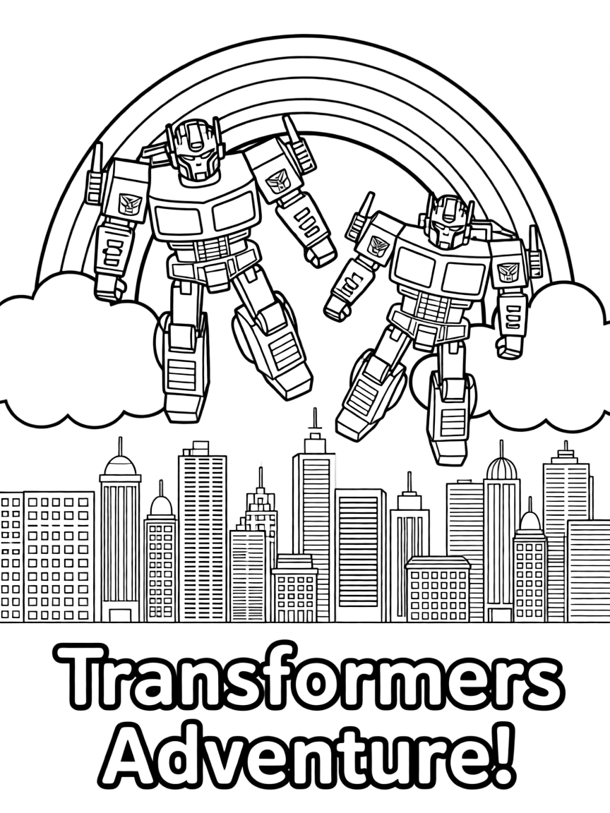 Transformers flying through the clouds with a rainbow behind and city skyline below.