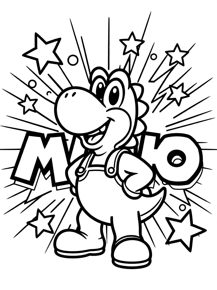 Yoshi standing proudly in front of their iconic logo with stars and comic-style effects around.