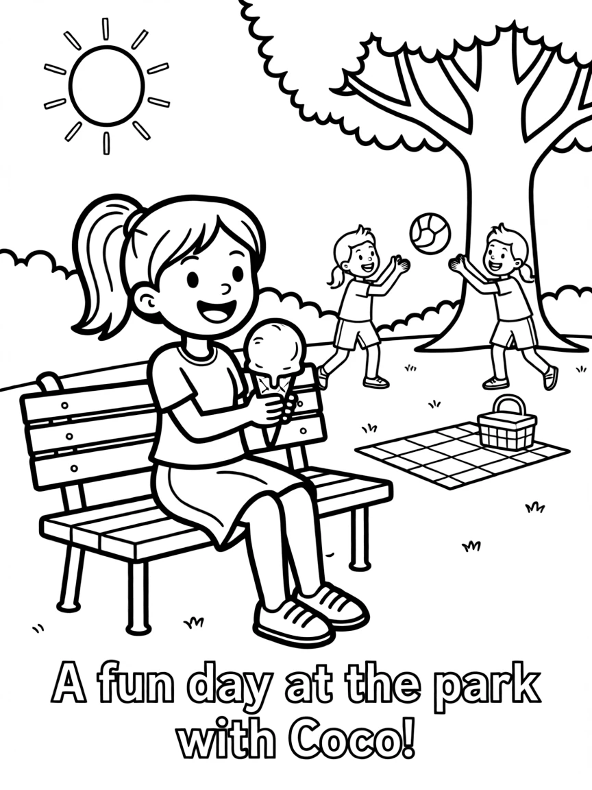 Coco enjoying a day off, eating ice cream or playing with friends in a park setting.
