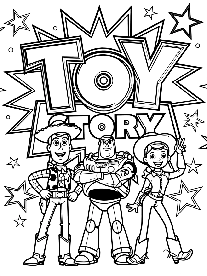 Toy Story standing proudly in front of their iconic logo with stars and comic-style effects around.