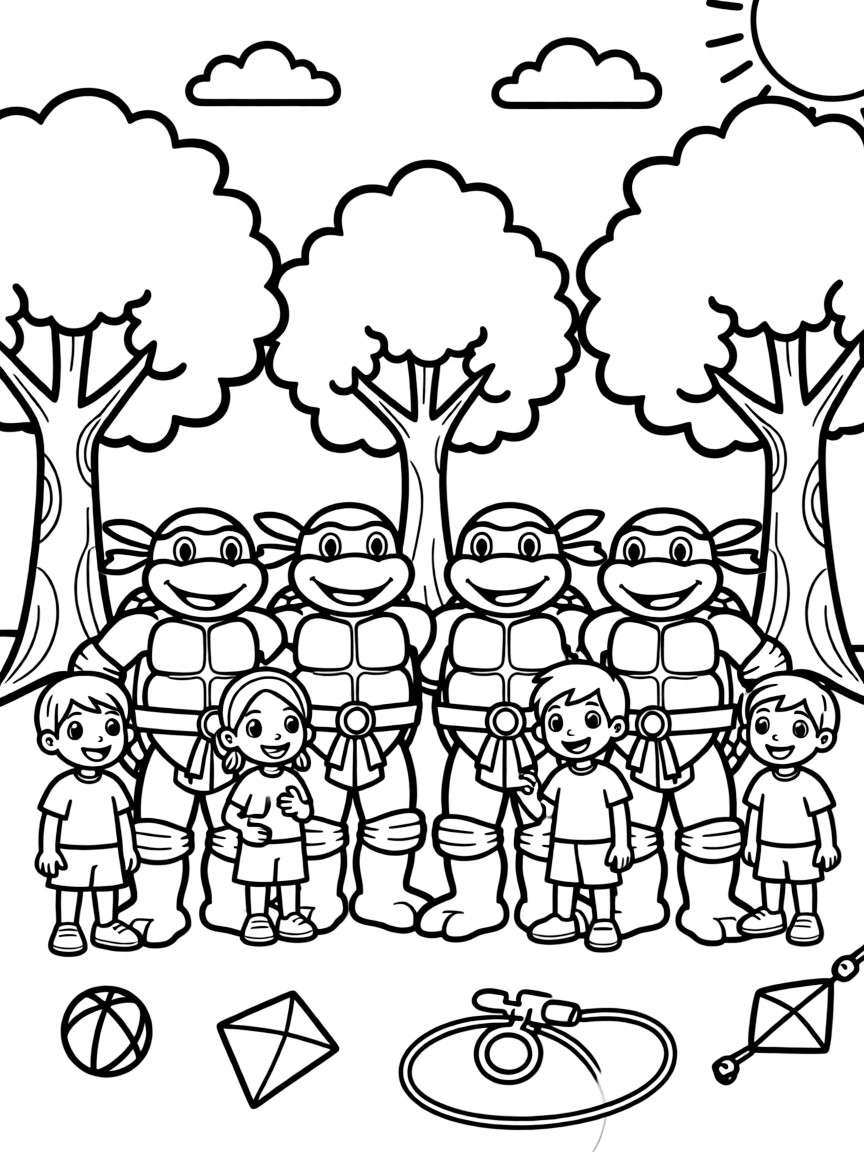 Teenage Mutant Ninja Turtles smiling and posing with their sidekicks, surrounded by trees, toys, or fun backgrounds.