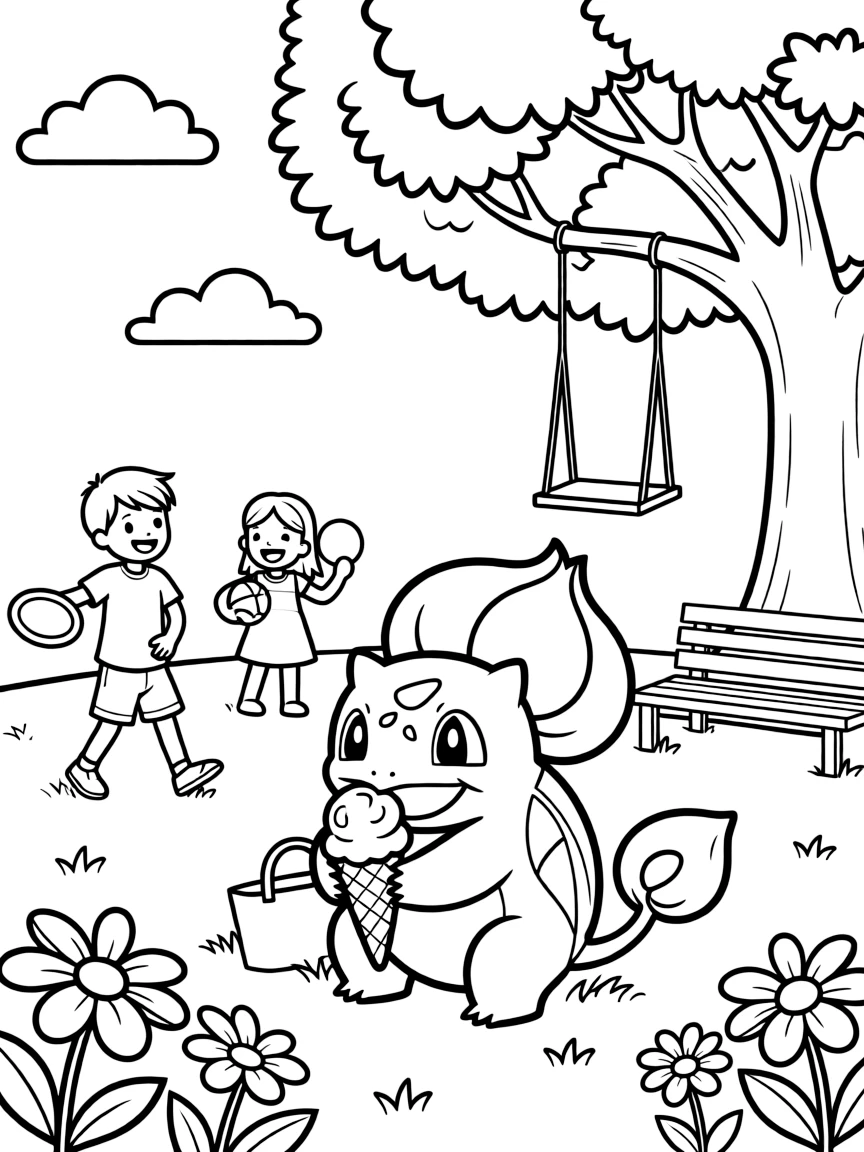 Bulbasaur enjoying a day off, eating ice cream or playing with friends in a park setting.