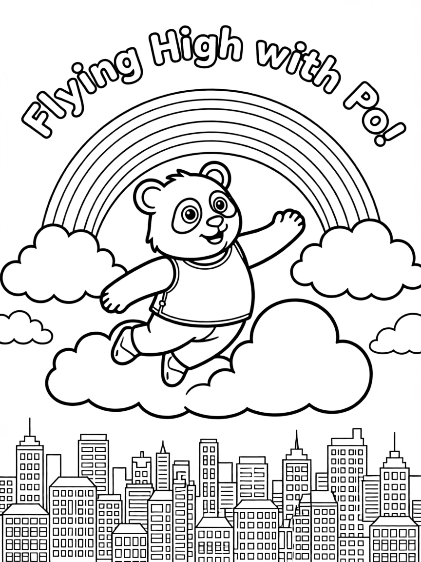 Po flying through the clouds with a rainbow behind and city skyline below.