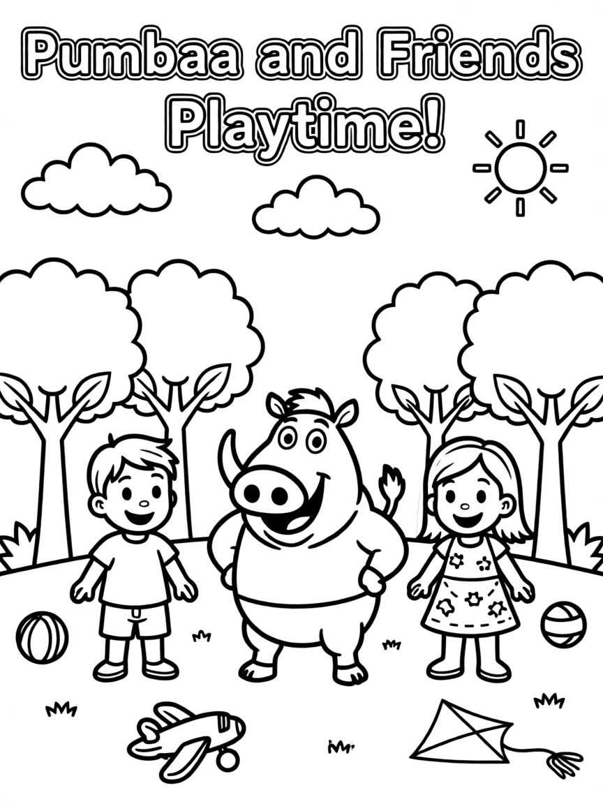 Pumbaa smiling and posing with their sidekicks, surrounded by trees, toys, or fun backgrounds.