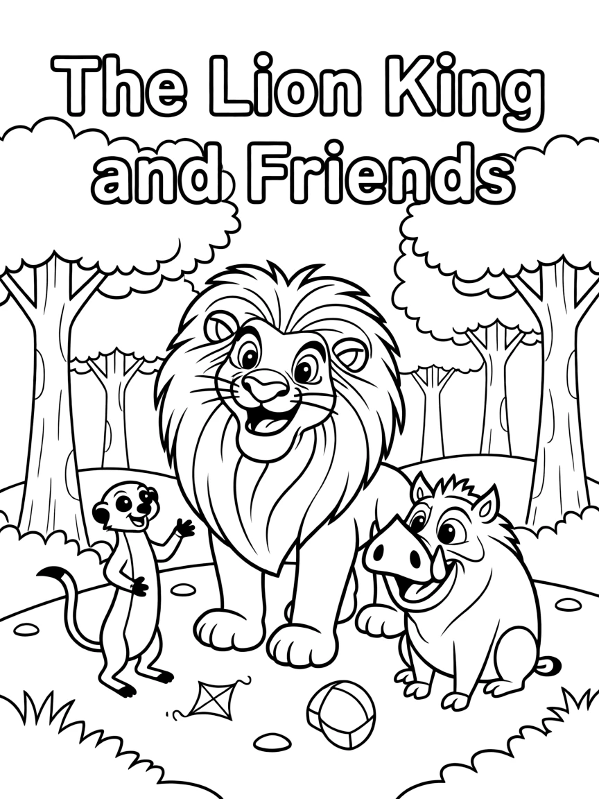 The Lion King smiling and posing with their sidekicks, surrounded by trees, toys, or fun backgrounds.