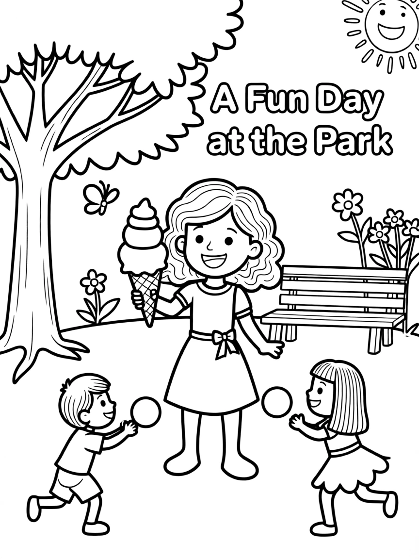 Mirabel enjoying a day off, eating ice cream or playing with friends in a park setting.