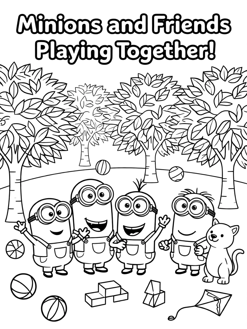 Minions smiling and posing with their sidekicks, surrounded by trees, toys, or fun backgrounds.