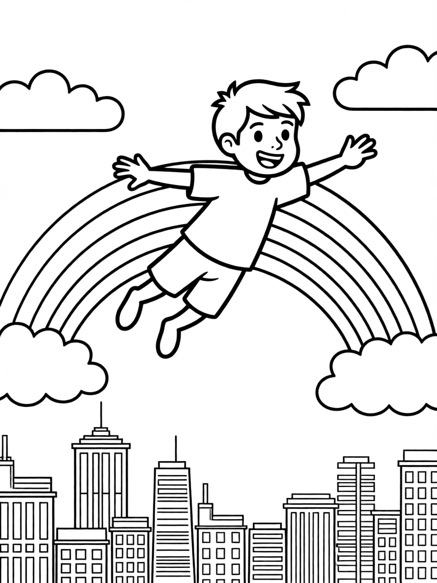 Chase flying through the clouds with a rainbow behind and city skyline below.