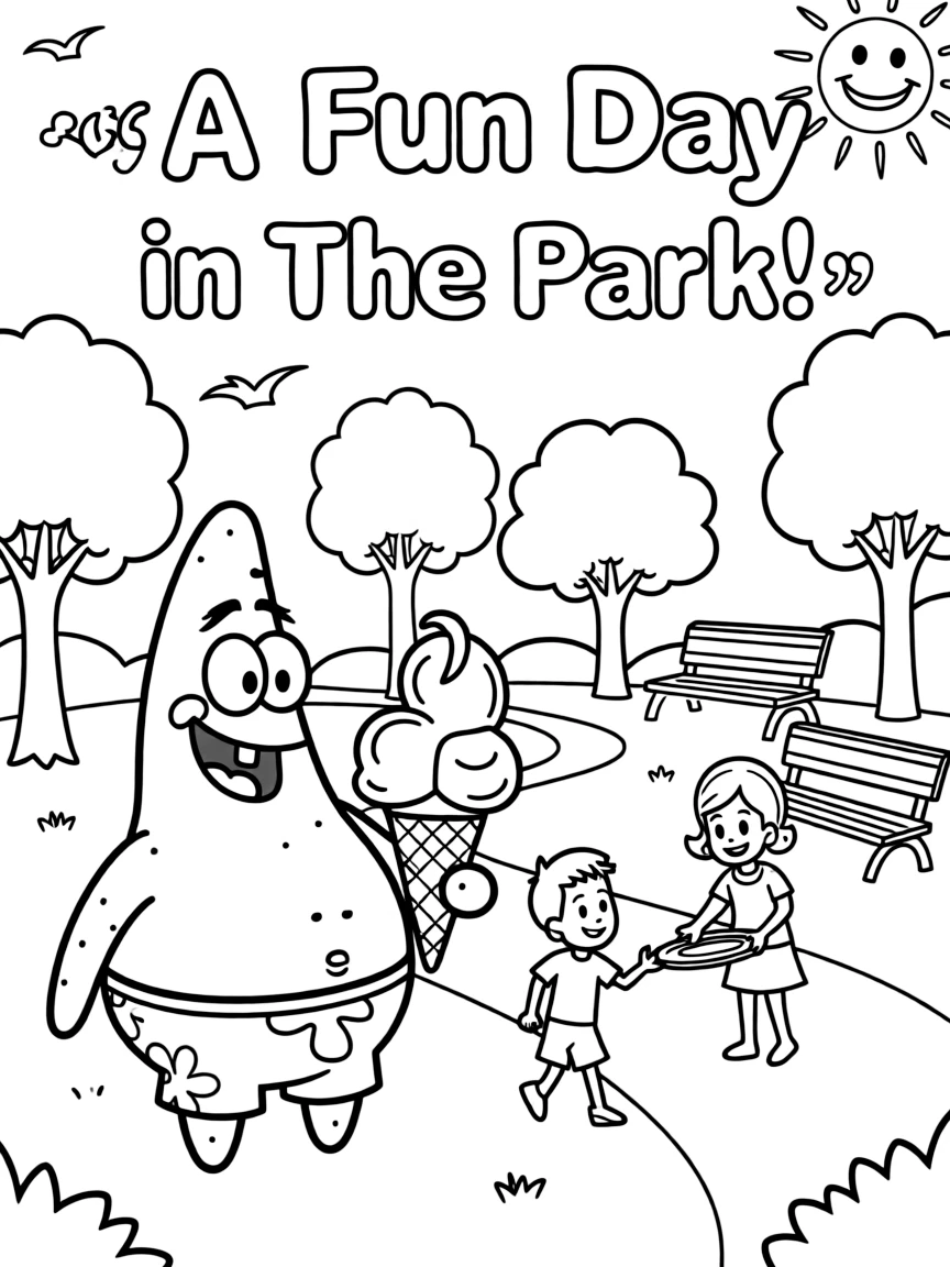 Patrick Star enjoying a day off, eating ice cream or playing with friends in a park setting.